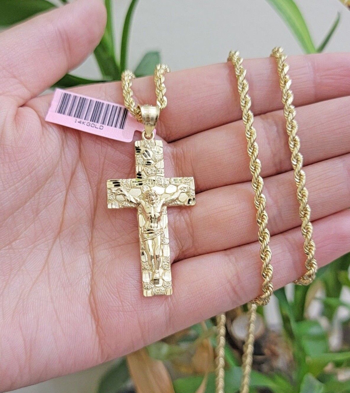 10k Gold Rope Chain Nugget Cross Charm Pendant Set 18-28 inch 3mm Necklace, REAL