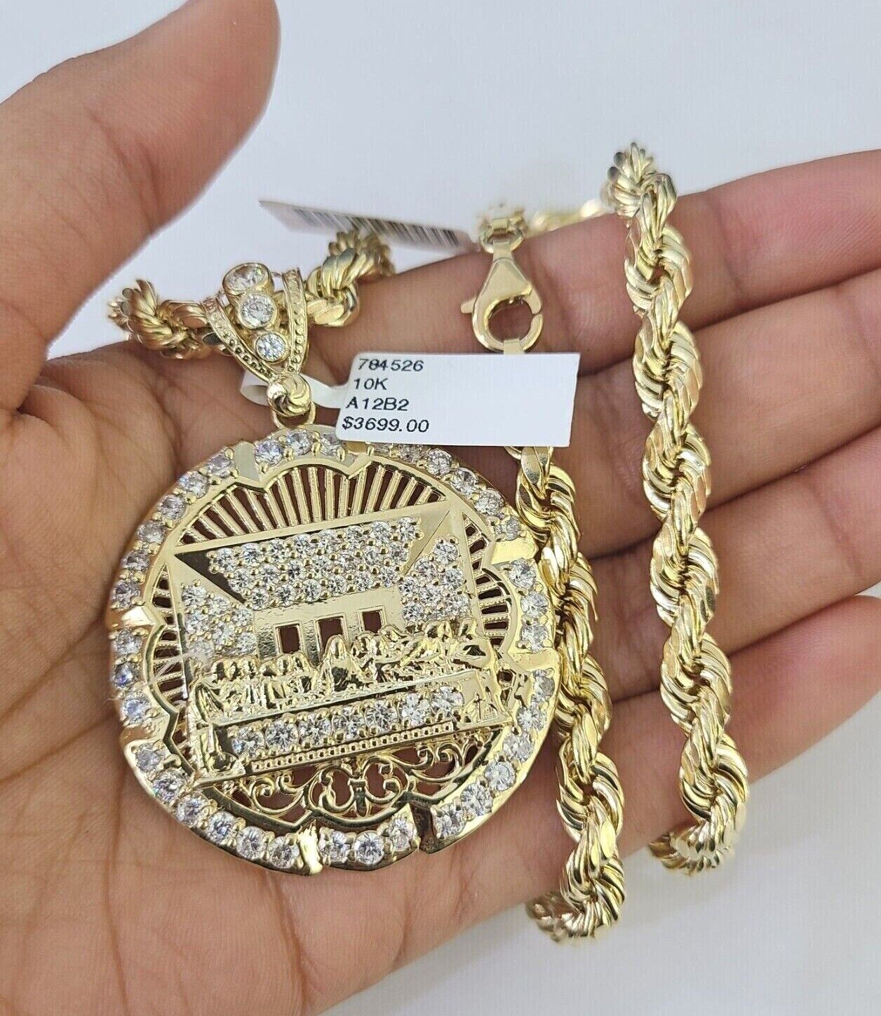 10kt Yellow Gold Rope Chain Last Supper Charm Pendant 18-30''Inches Necklace 8mm