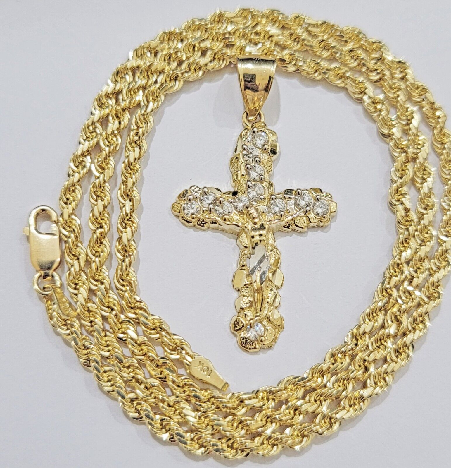 10k Gold Rope Chain Jesus Cross Charm Pendant Set 18-28