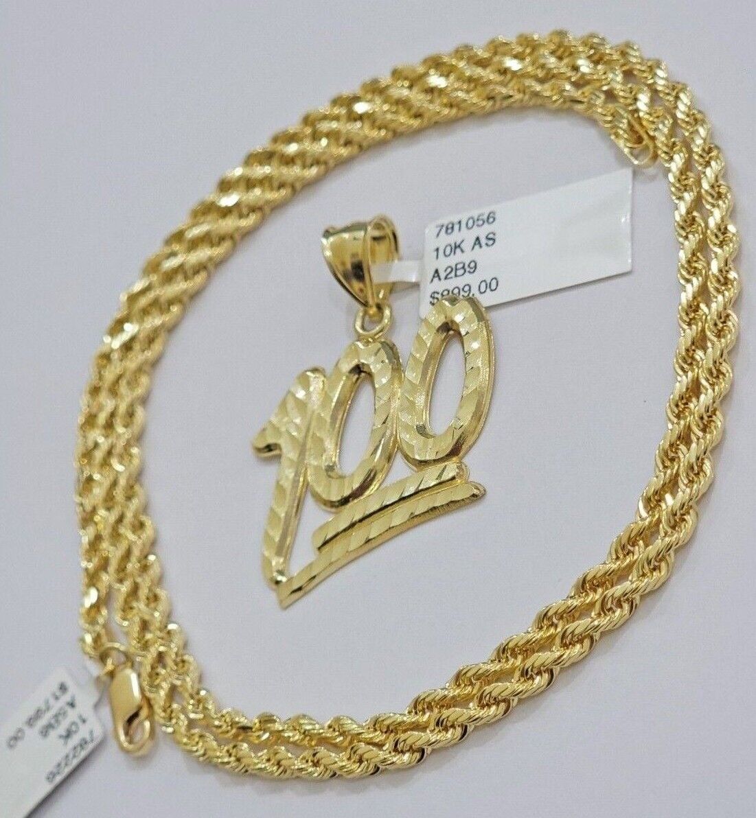 10k Yellow Gold Rope Chain 100 Charm Pendant Set 18"-28 Inch 3mm Necklace REAL