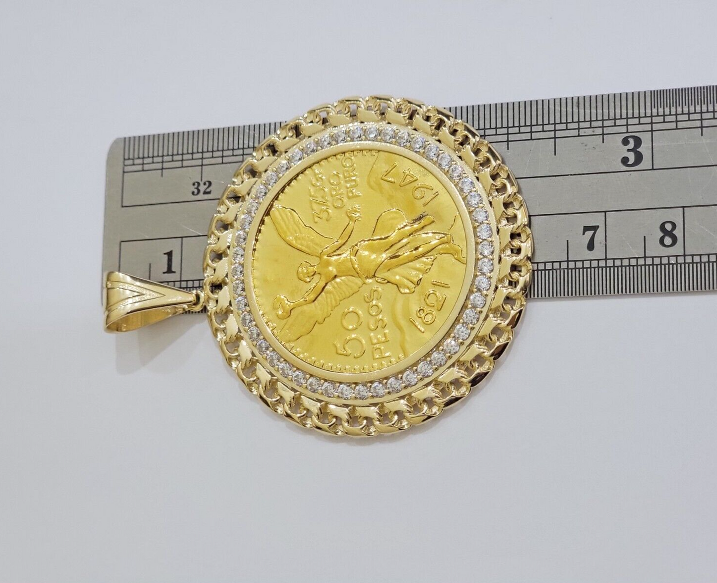 1947 Mexican Centenario Coin Charm Pendant Replica 50 Pesos With Bezel 10kt Gold