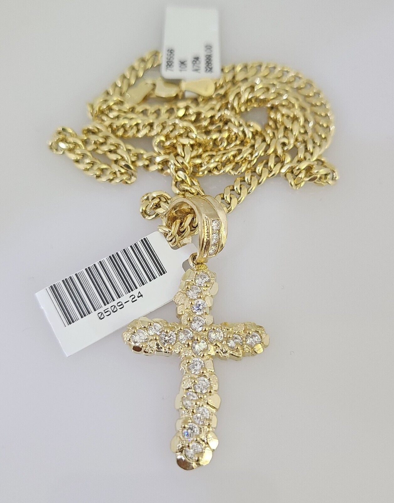 10k Gold Chain Jesus Cross Pendant Set Miami Cuban Necklace 4mm 18"-26" Charm