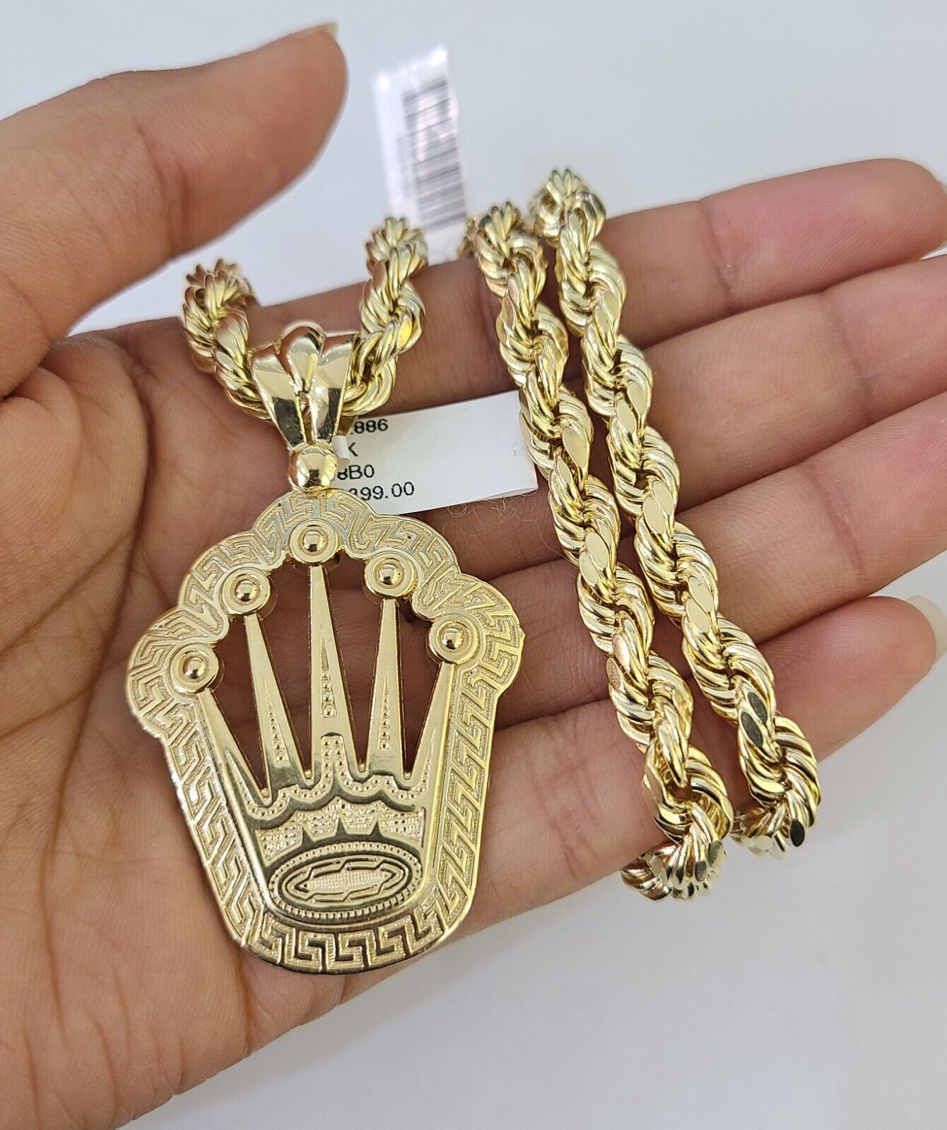 10k Yellow Gold Rope Chain Crown Charm Pendant 18-30'' Inch 7mm  Necklace