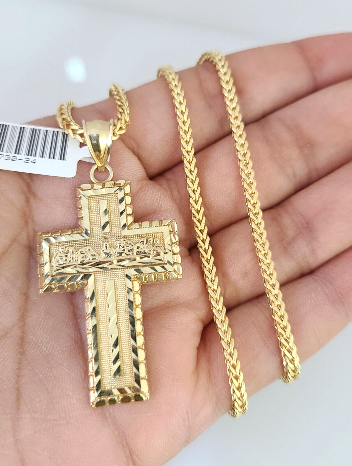 10k Gold Franco Chain Jesus Cross Charm Pendant 2.5mm 18-24 Inches Necklace