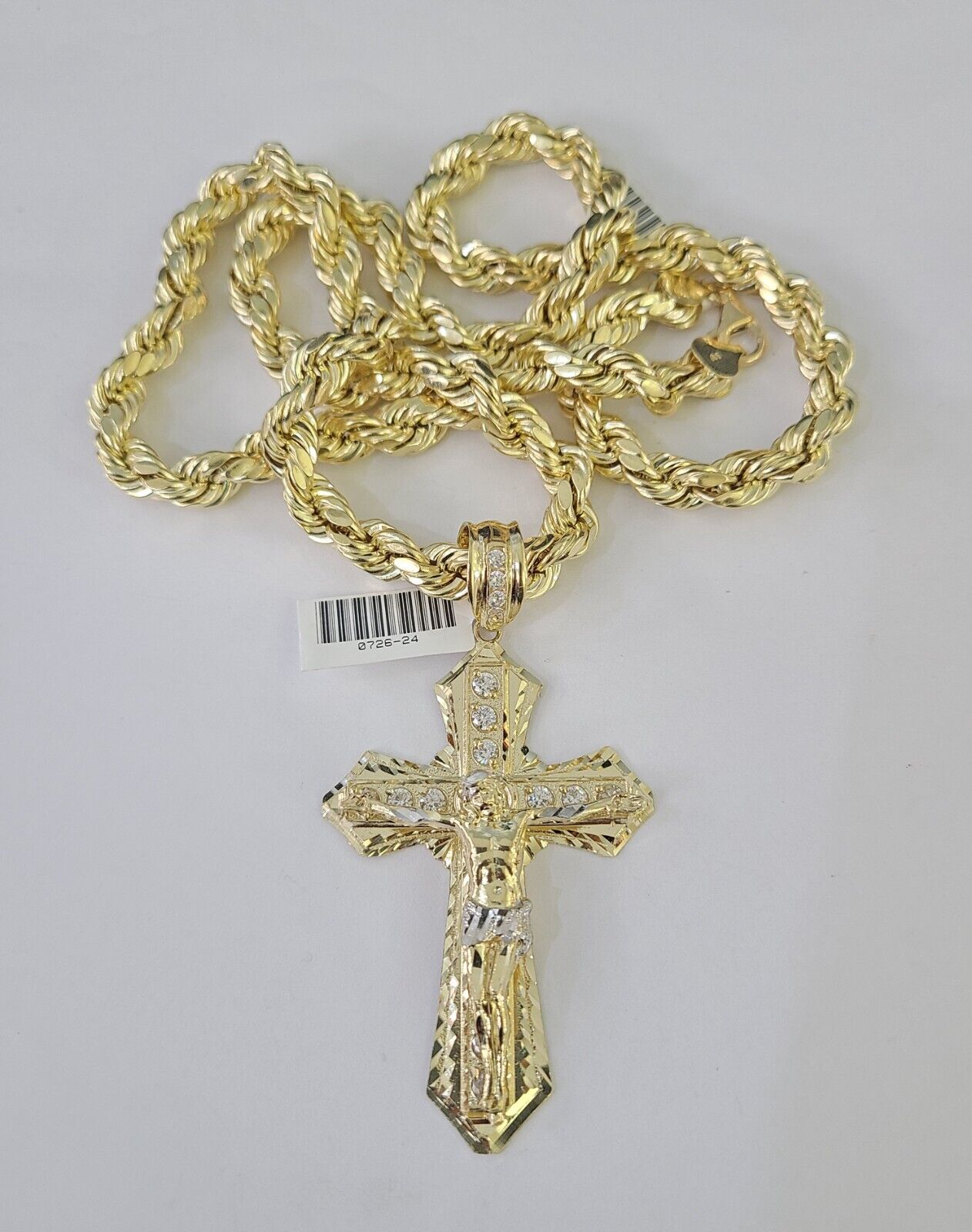 10k Yellow Gold Rope Chain Jesus Cross Charm Pendant 18-30'' Inch 8mm  Necklace