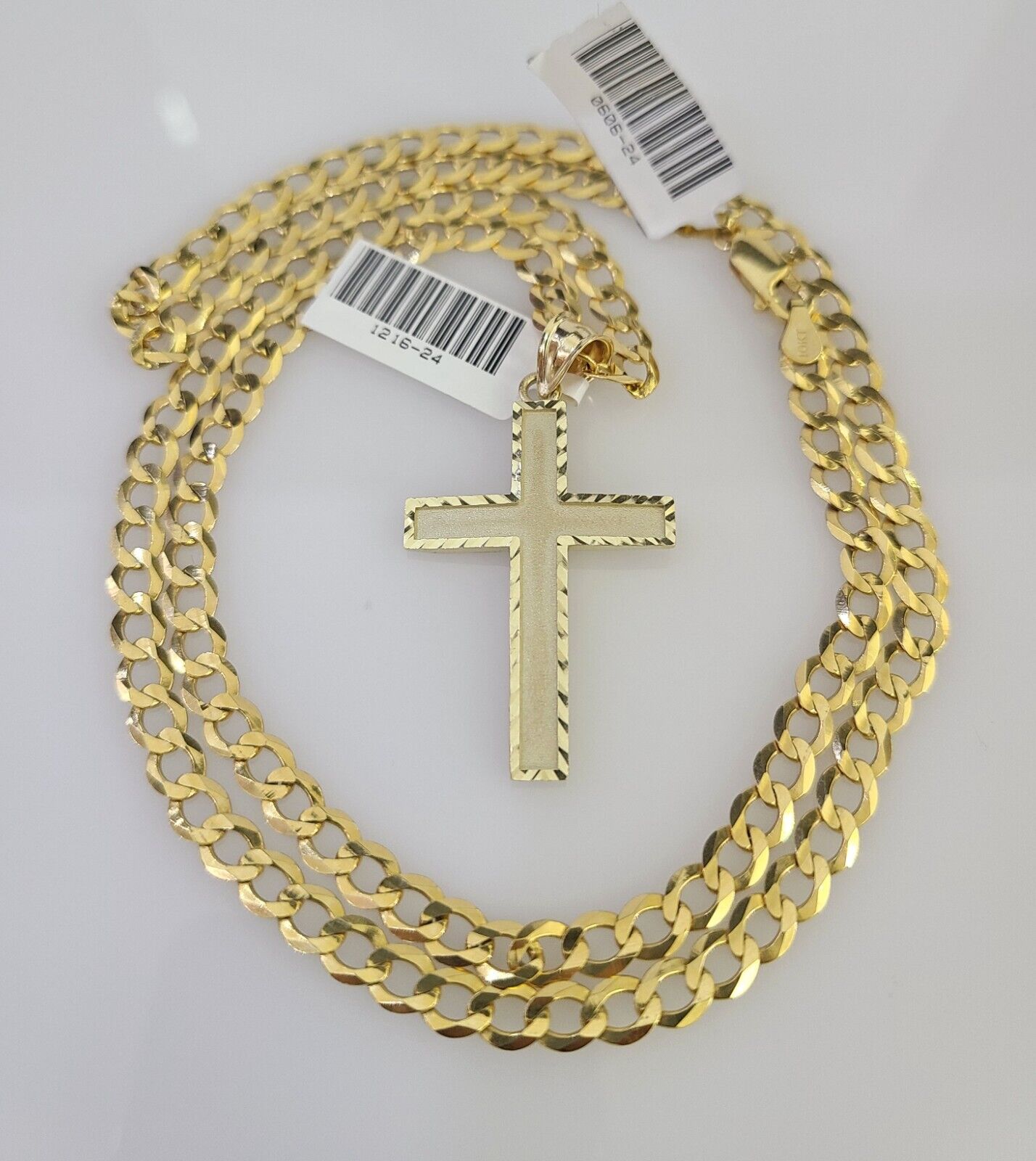 10k Gold Chain Necklace Jesus Cross Pendant Set Cuban Curb 5mm 20"-28" Charm