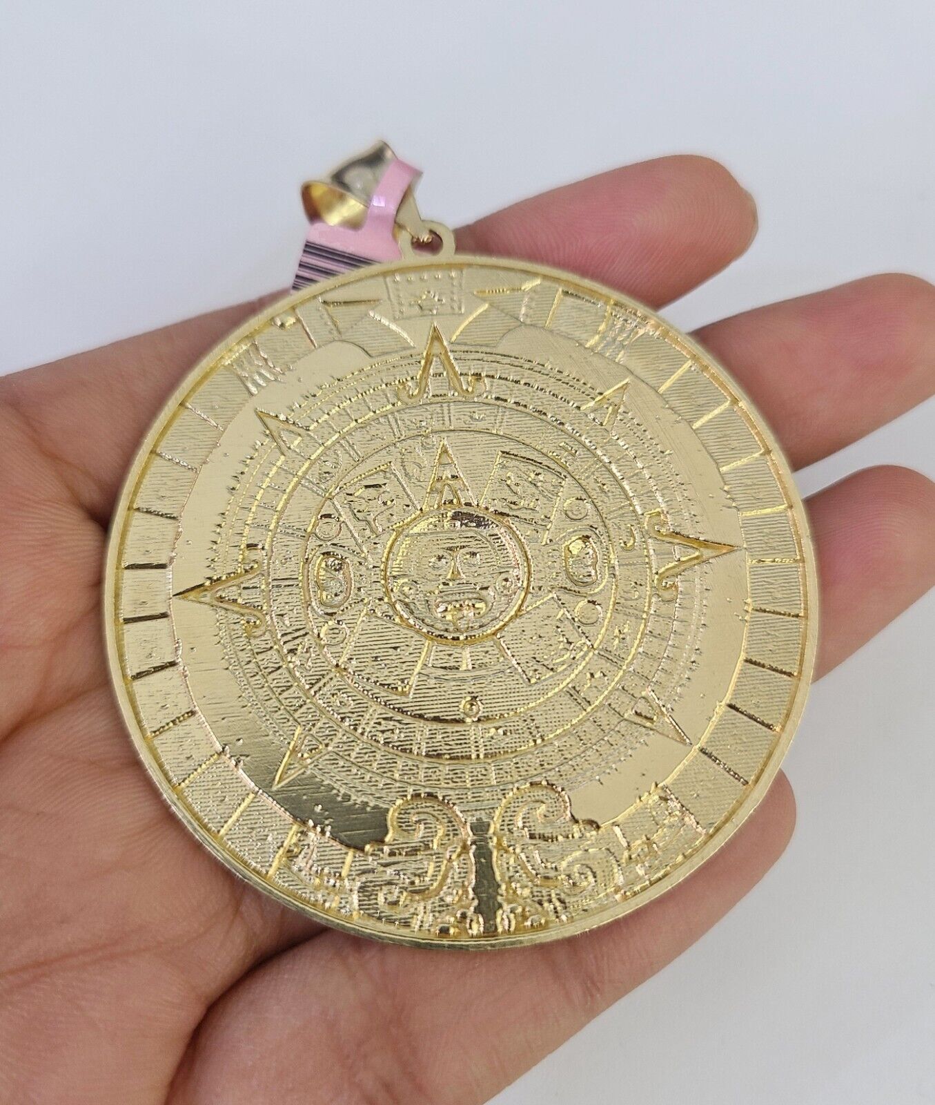 14k Yellow Gold Franco Chain Necklace Mayan Calendar Charm Pendant 4mm 22"Inch