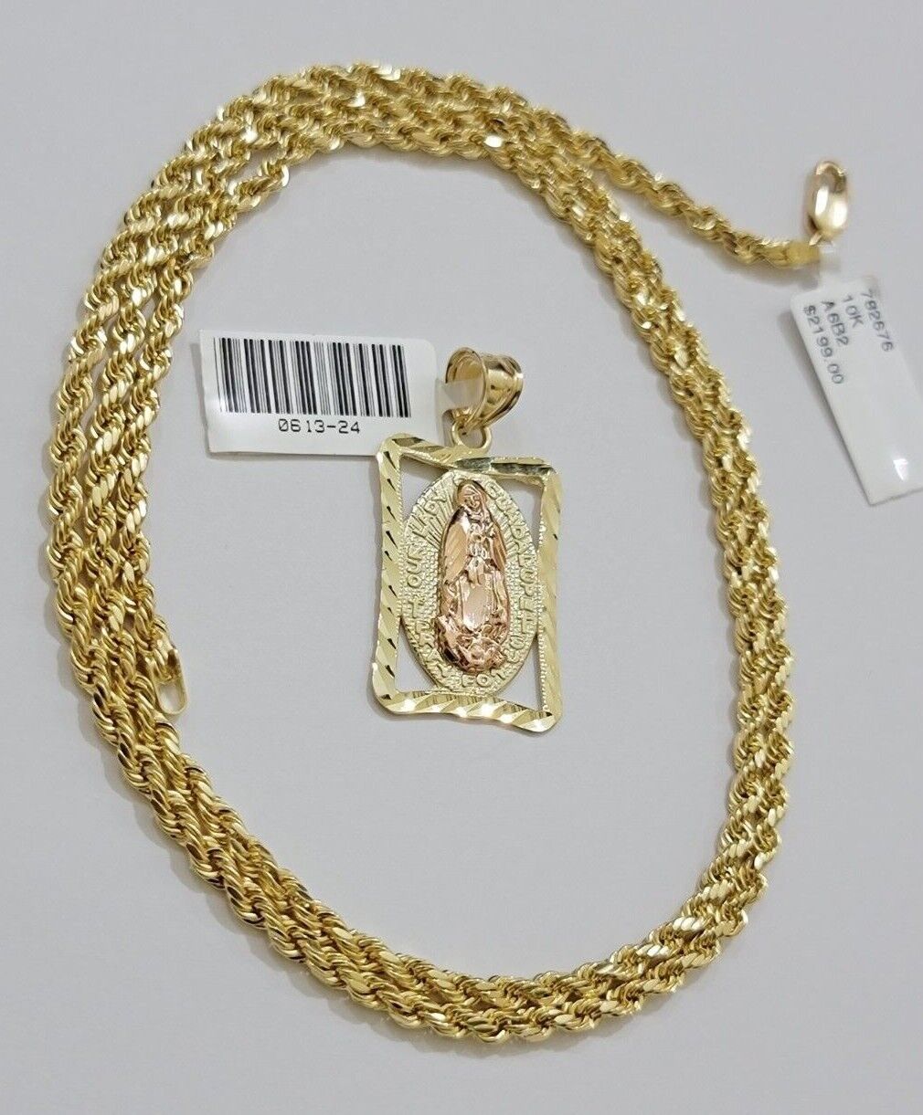 10kt Yellow Gold Rope Chain Virgin Mary Charm Pendant 18-28 Inches Necklace SALE