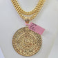 14k Yellow Gold Franco Chain Necklace Mayan Calendar Charm Pendant 4mm 22"Inch