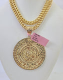 14k Yellow Gold Franco Chain Necklace Mayan Calendar Charm Pendant 4mm 22"Inch