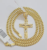 10k Gold Chain Pendant SET Cross Charm & Solid 18-26" Miami Cuban Link Necklace