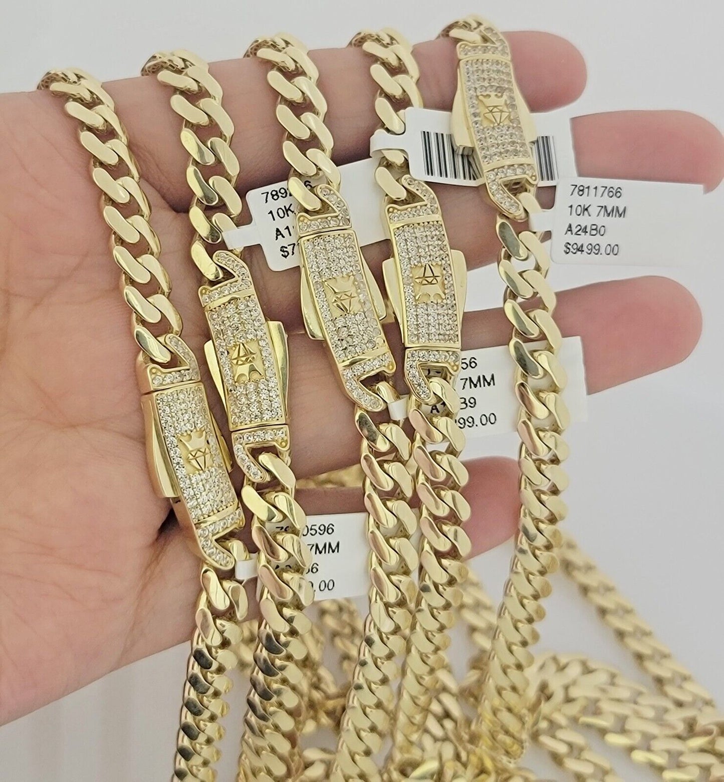 Real 10k Gold chain Cuban Link Monaco necklace 7mm 16-30 Inches CZ Box Lock 10KT