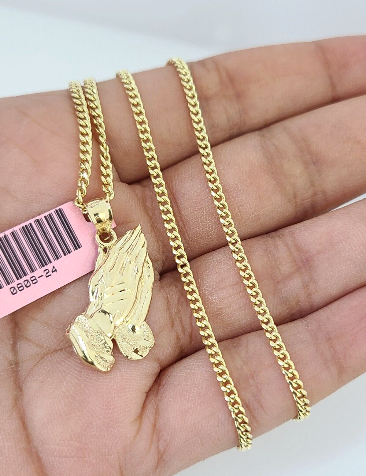 Real 14k Chain Praying Hands Pendant Set 14kt Miami Cuban Link Chain 2mm Charm