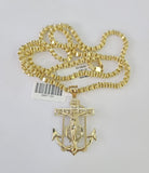 Real 10k Gold Box Byzantine Necklace Jesus Anchor Charm SET 3mm 22" Inches Chain