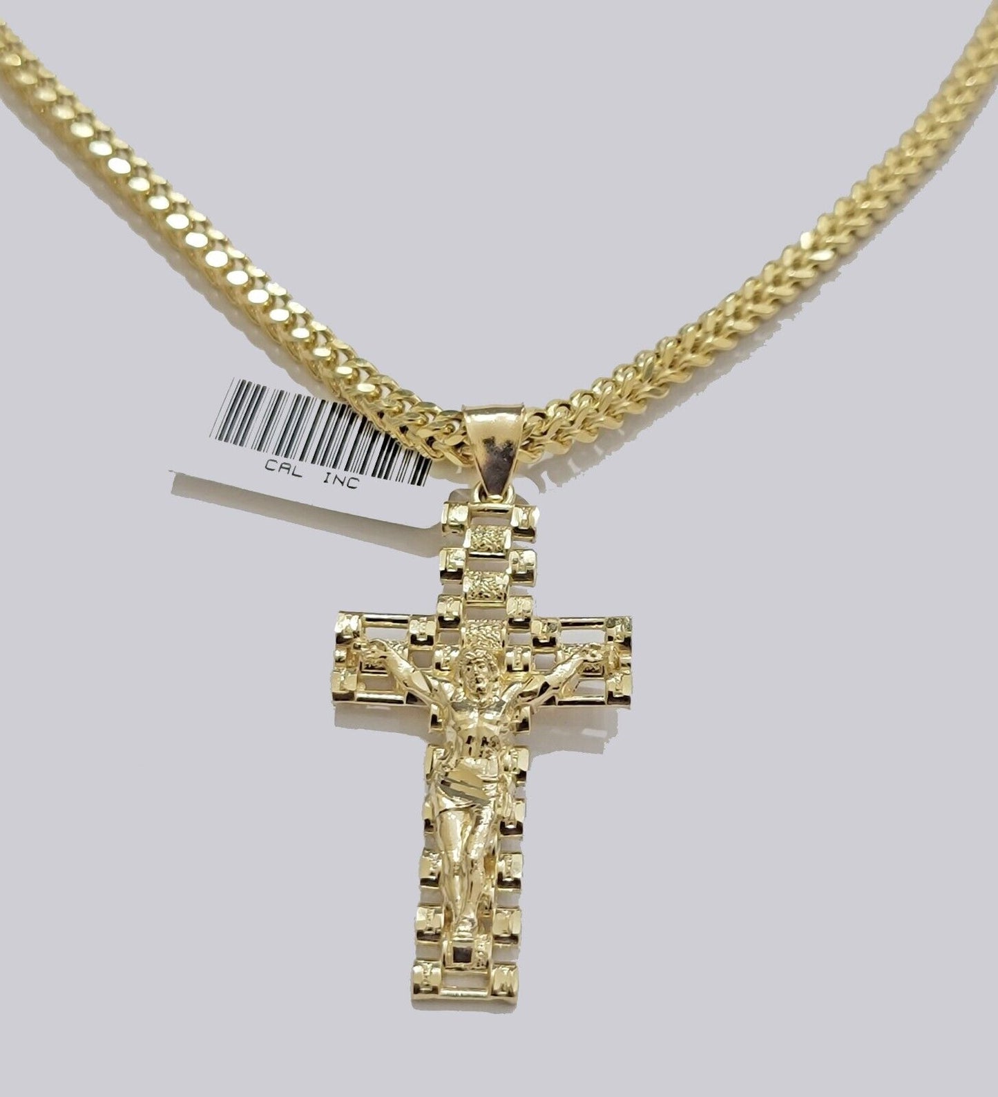 Real 10k Gold Franco chain & Jesus Cross Charm pendant , 3mm Necklace ,Men Women