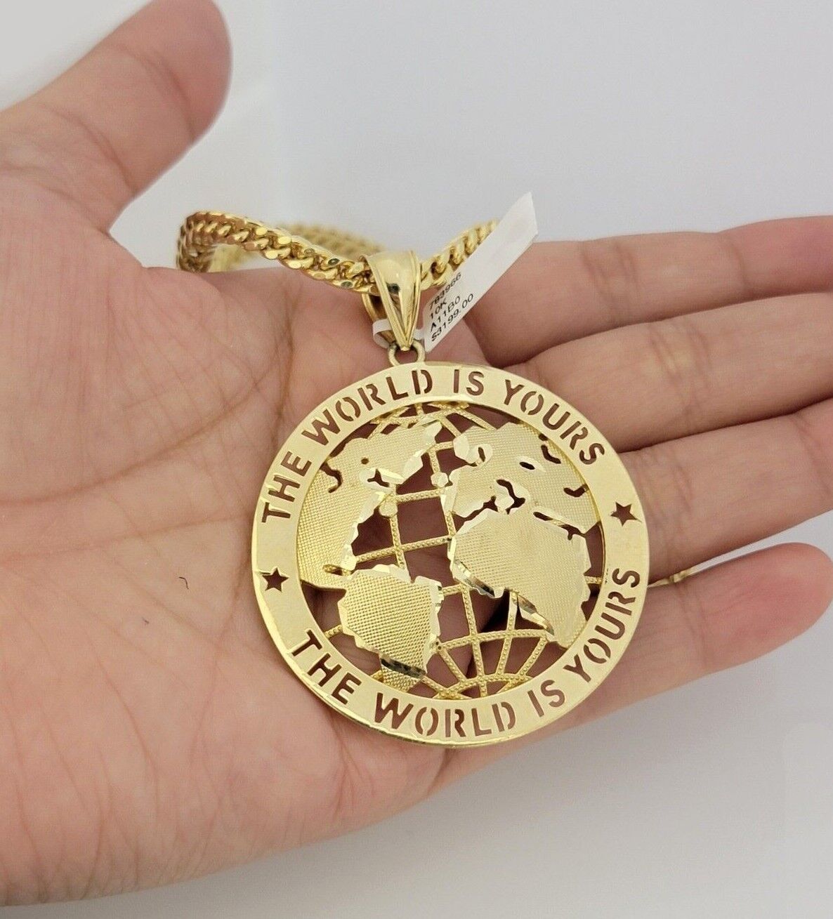 10k Yellow Gold Franco Chain Necklace World Map Charm Pendant 5mm 20-26'' Inches