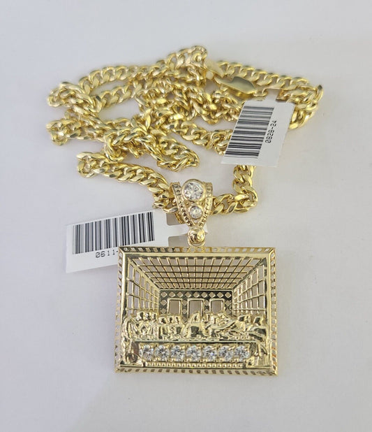 10k Gold Chain Last Supper Pendant Set Miami Cuban link Necklace 5mm 20-30 Inch