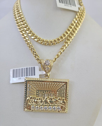 10k Gold Chain Last Supper Pendant Set Miami Cuban link Necklace 5mm 20-30 Inch