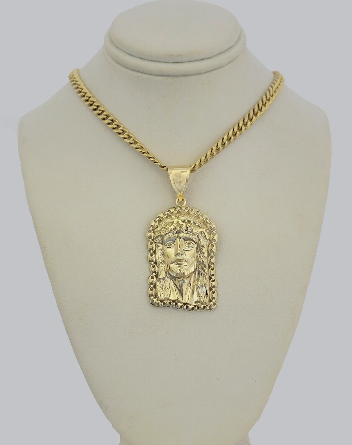 10kt Gold Miami Cuban Chain Jesus Head Charm Pendant 5mm 18-28Inch Necklace SALE