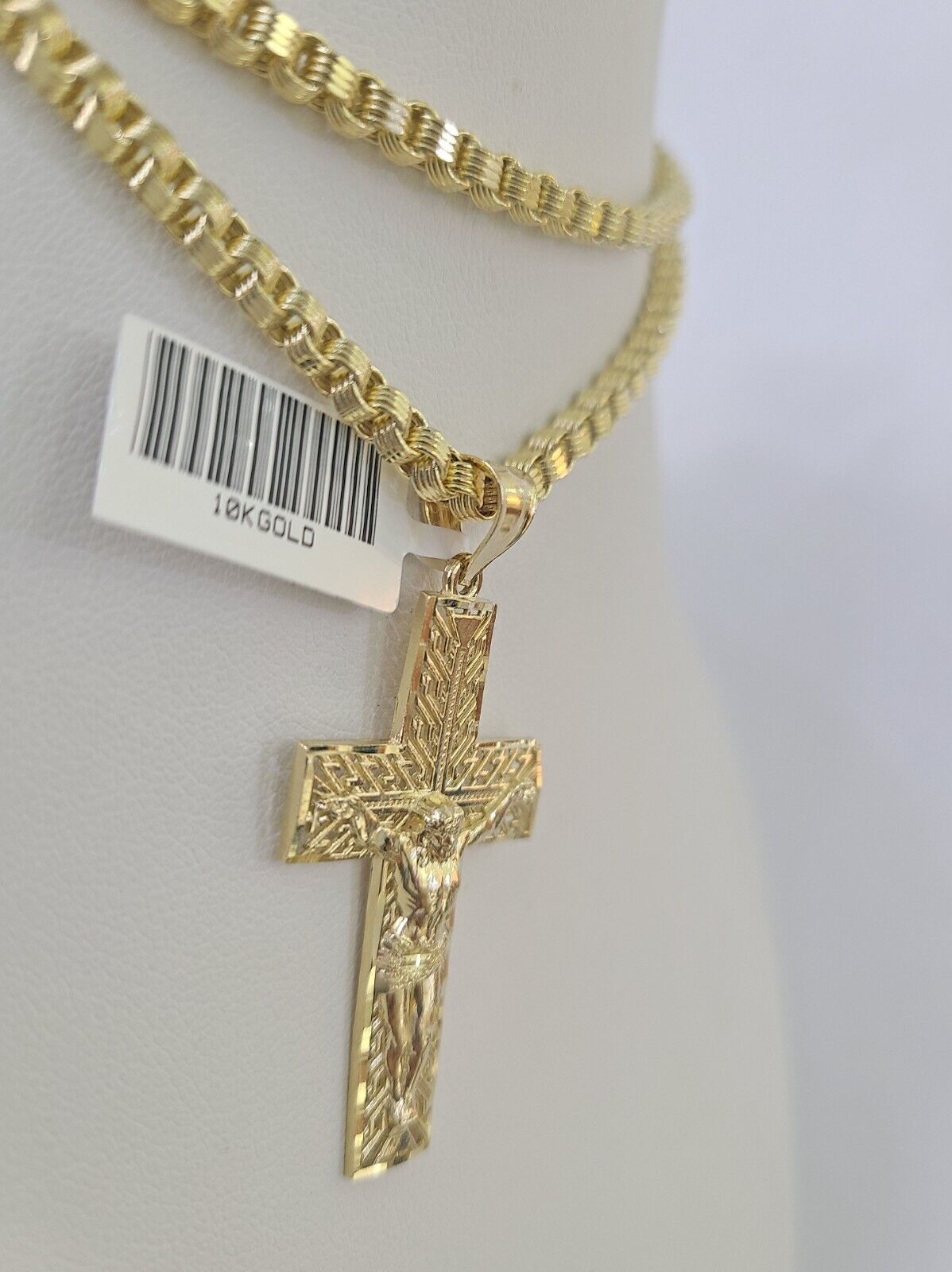 Real 10k Gold Byzantine Necklace Jesus Cross Charm SET Chain 18"-30" 3mm Pendant