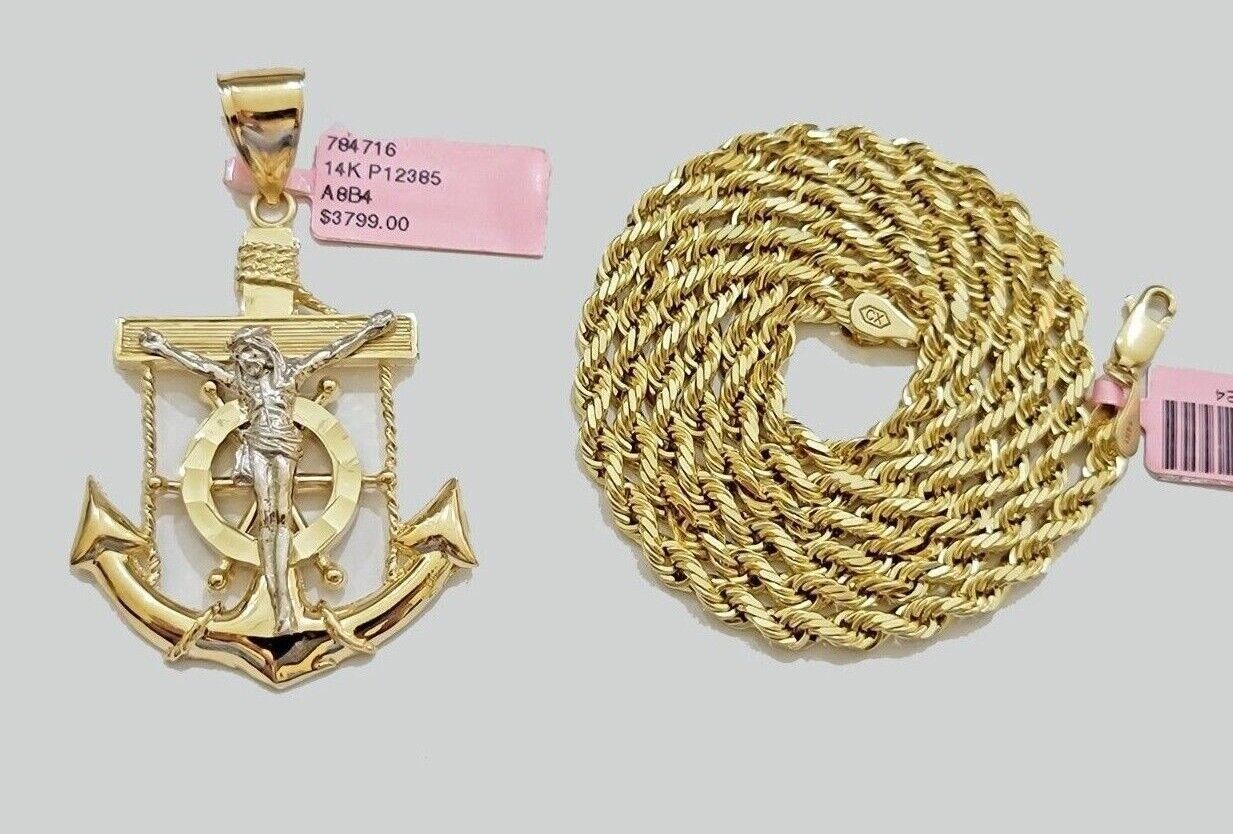 Solid 14k Gold Rope Chain Necklace Jesus Anchor Charm Pendant 28 Inches 4mm SALE