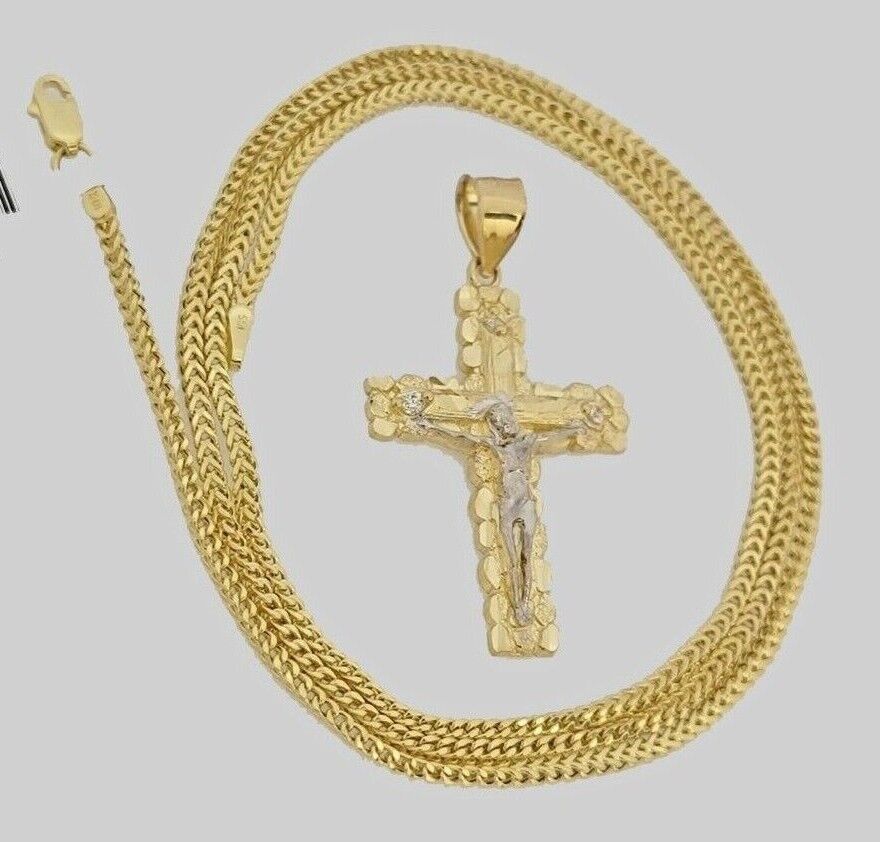 10k Gold Franco Chain Jesus Crucifix Cross Charm Pendant 2mm 16-24 Inch Necklace