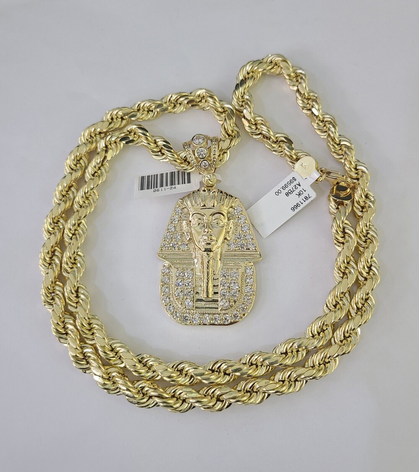 10k Yellow Gold Rope Chain Pharaoh Charm Pendant 18-30''Inch 8mm Necklace