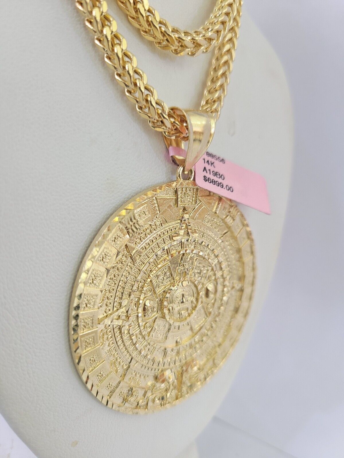 14k Yellow Gold Franco Chain Necklace Mayan Calendar Charm Pendant 4mm 22"Inch