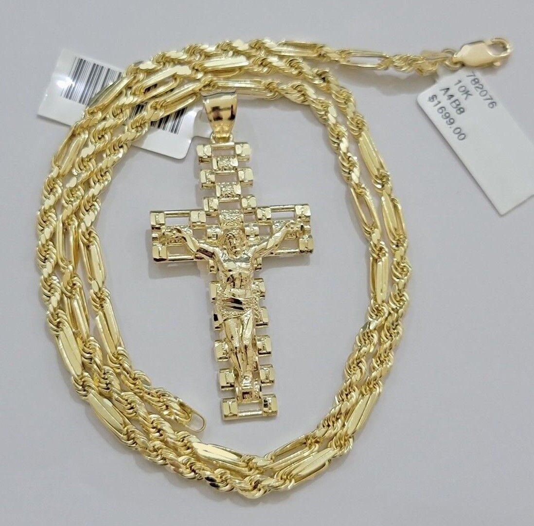 10k Gold Milano Rope Chain Jesus Cross Charm Pendant Set 18-24'' Inches Necklace