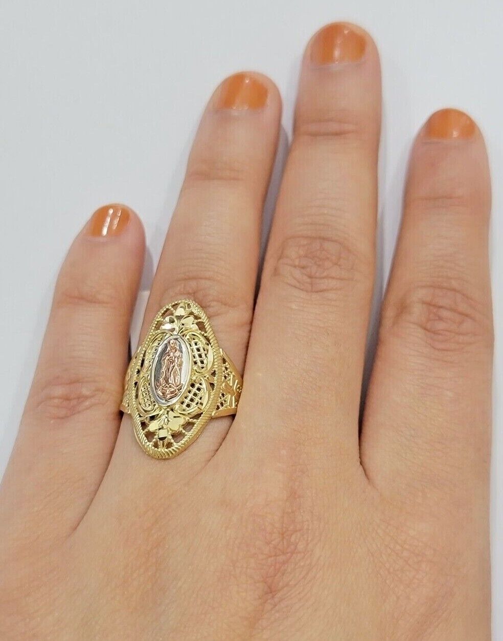 Ladies Ring 10k Yellow Gold Virgin Mary Cross 10KT REAL Gold Unique Size 5.5 END