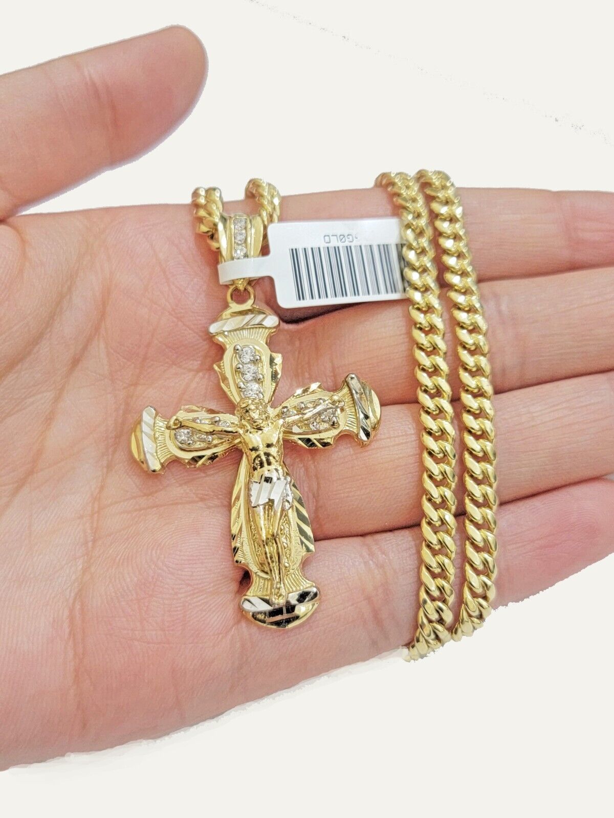 Real 10k Gold Chain Charm Set Cross Pendant Miami Cuban link Necklace 5mm 18-28"