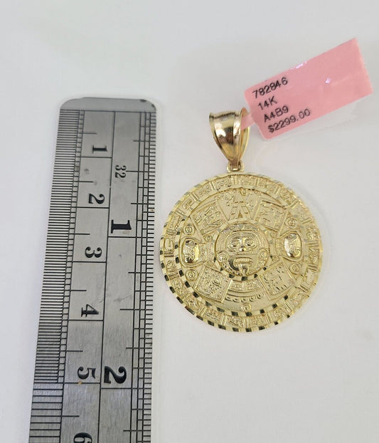 Real 14k Gold Chain Mayan Calendar Set 14kt Miami Cuban Link Chain 5mm Charm