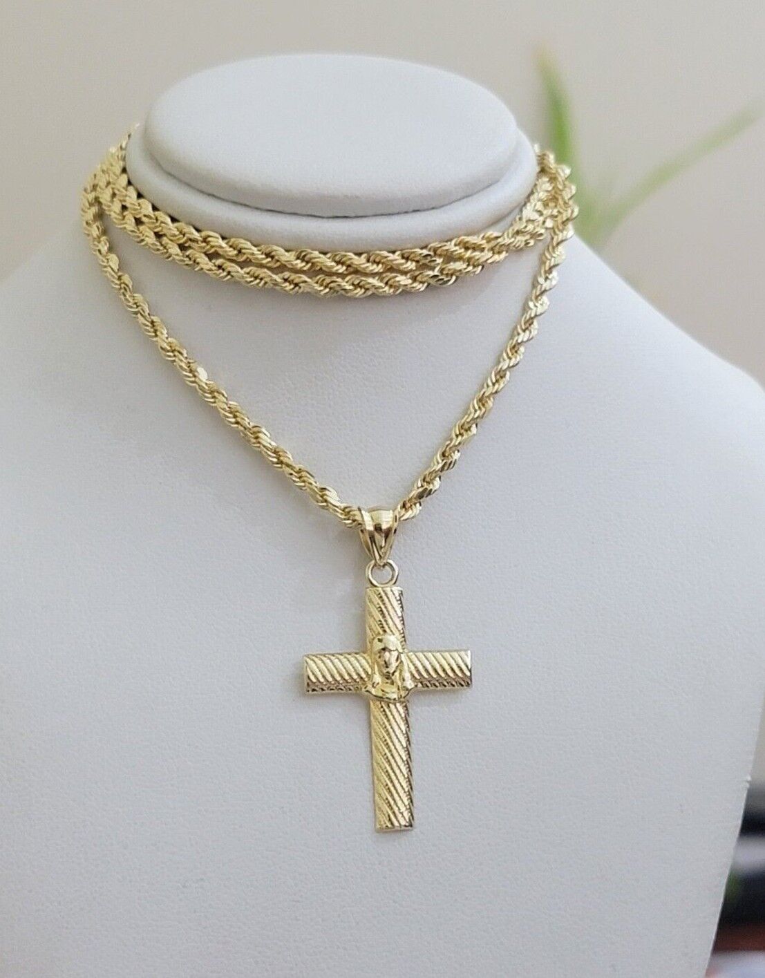 10k Yellow Gold Rope Chain Jesus Cross Charm Pendant Set 18-28'' Inches Necklace