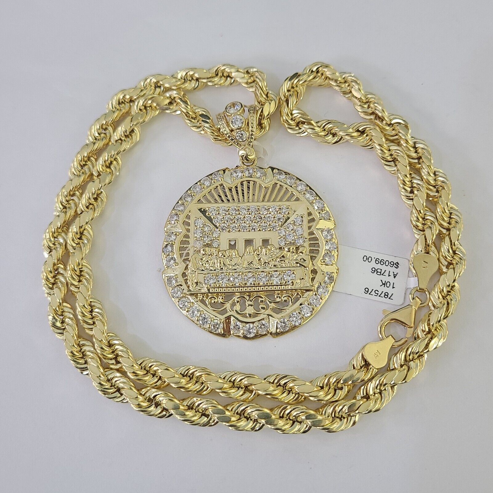 10kt Yellow Gold Rope Chain Last Supper Charm Pendant 18-30''Inches Necklace 8mm