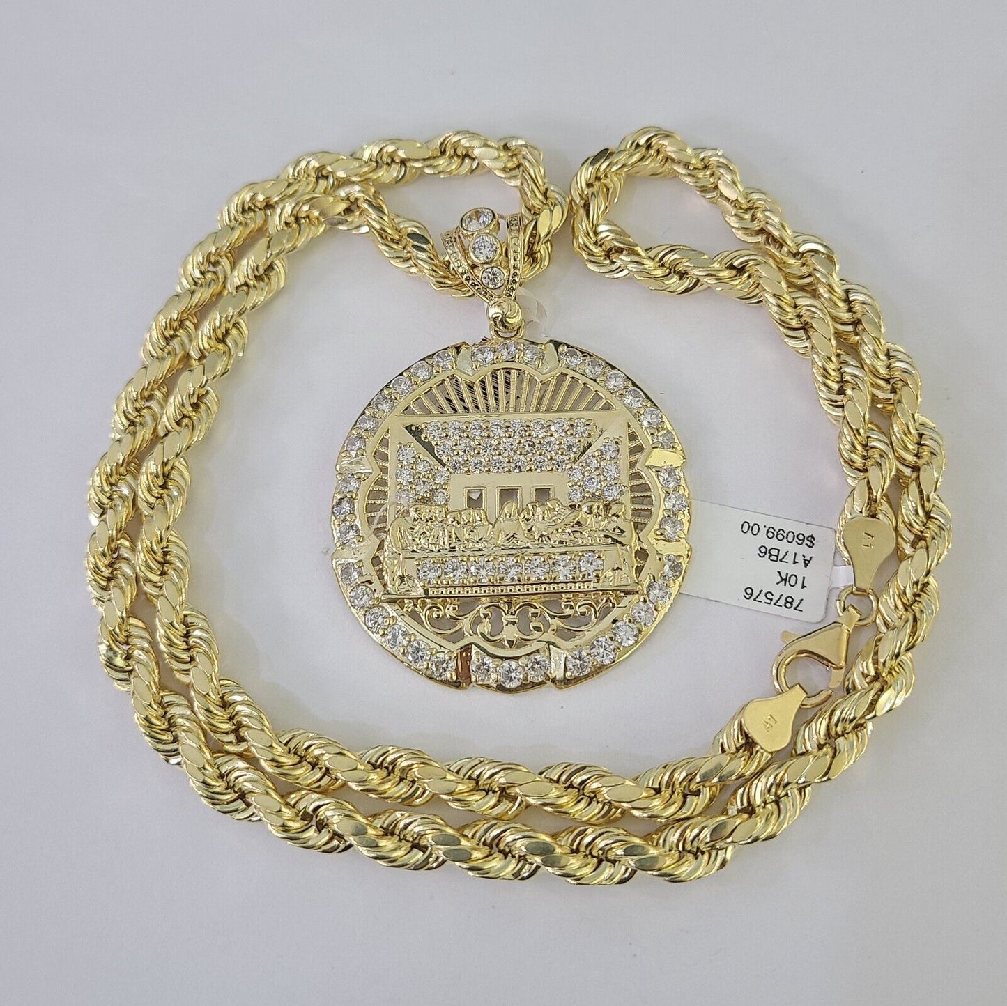 10kt Yellow Gold Rope Chain Last Supper Charm Pendant 18-30''Inches Necklace 8mm