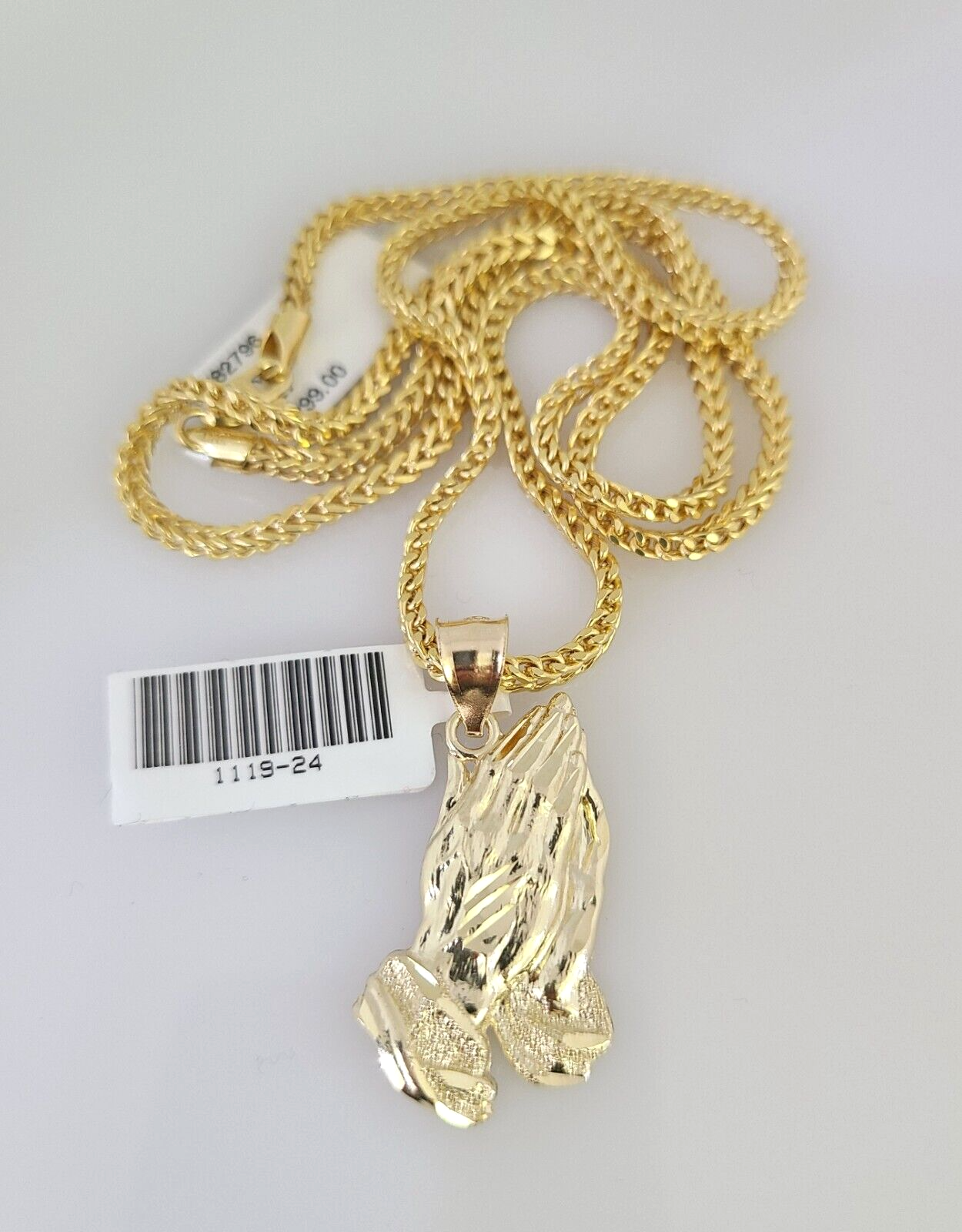 10k Gold Franco Chain Praying Hand Charm Pendant 2.5mm 18-24 Inches Necklace SET