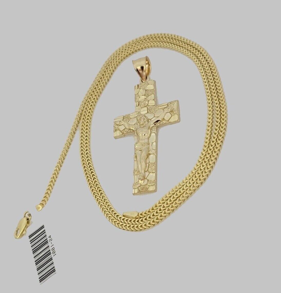 10k Gold Franco Chain Jesus Nugget Cross Charm Pendant 2mm 16-24 Inches Necklace