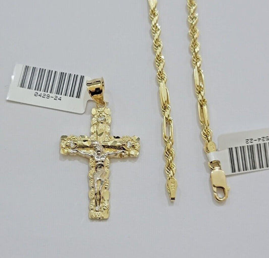 10kt Gold Milano Rope Chain Cross Charm Pendant Set 18-24 Inch 3mm Necklace REAL