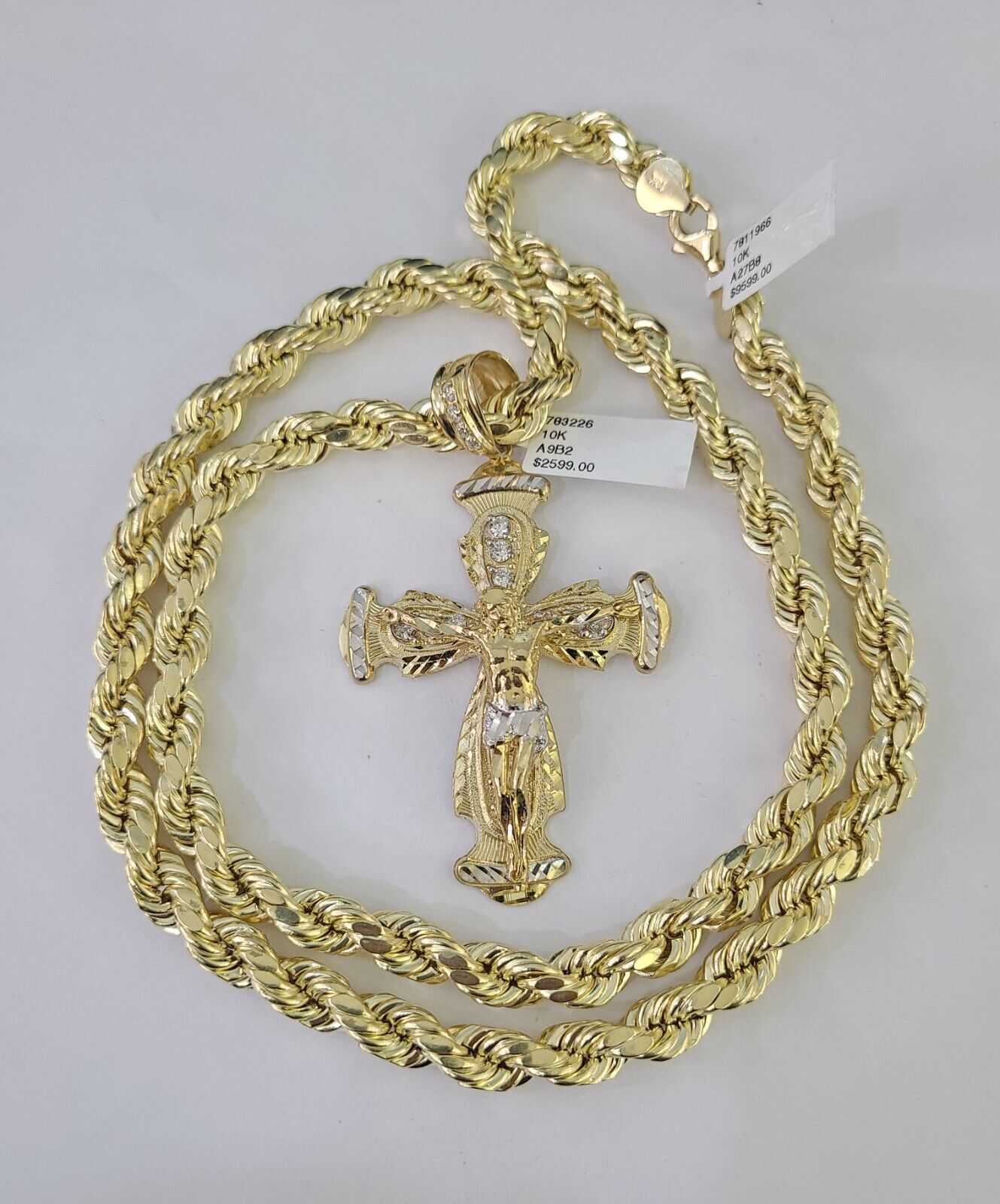 10k Yellow Gold Rope Chain Jesus Cross Charm Pendant 18-30'' Inch 8mm  Necklace