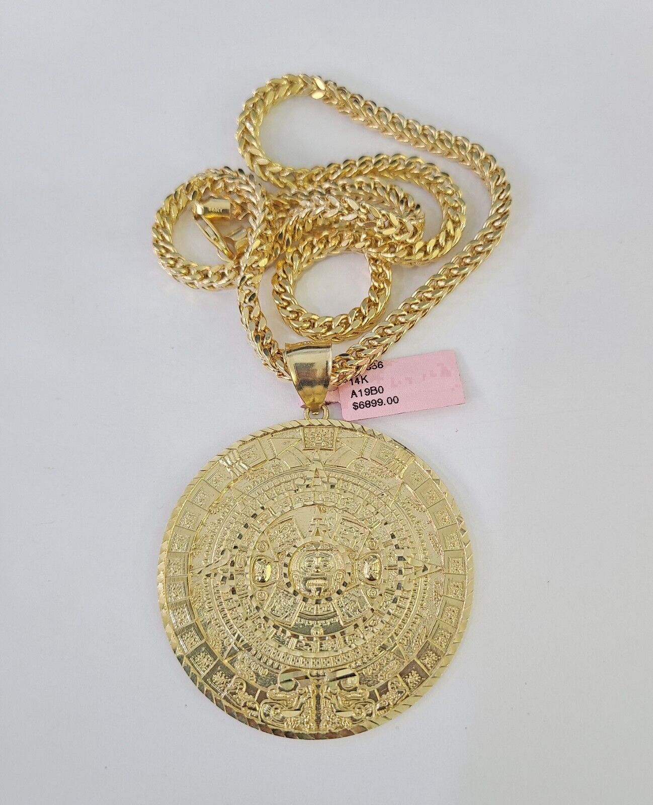 14k Yellow Gold Franco Chain Necklace Mayan Calendar Charm Pendant 4mm 22"Inch