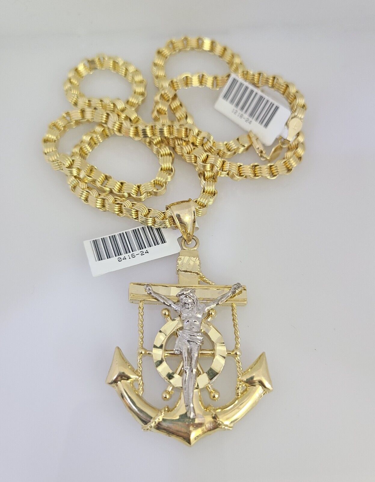 Real 10k Gold Byzantine Necklace Jesus Anchor Charm SET Chain 20"-28" 4mm