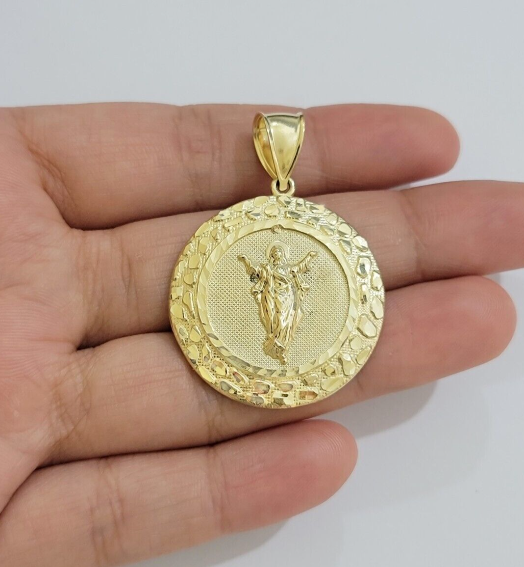 Real 10kt Jesus Circle Charm Pendant 10k Yellow Gold Chain Necklace 1.5 Inch NEW