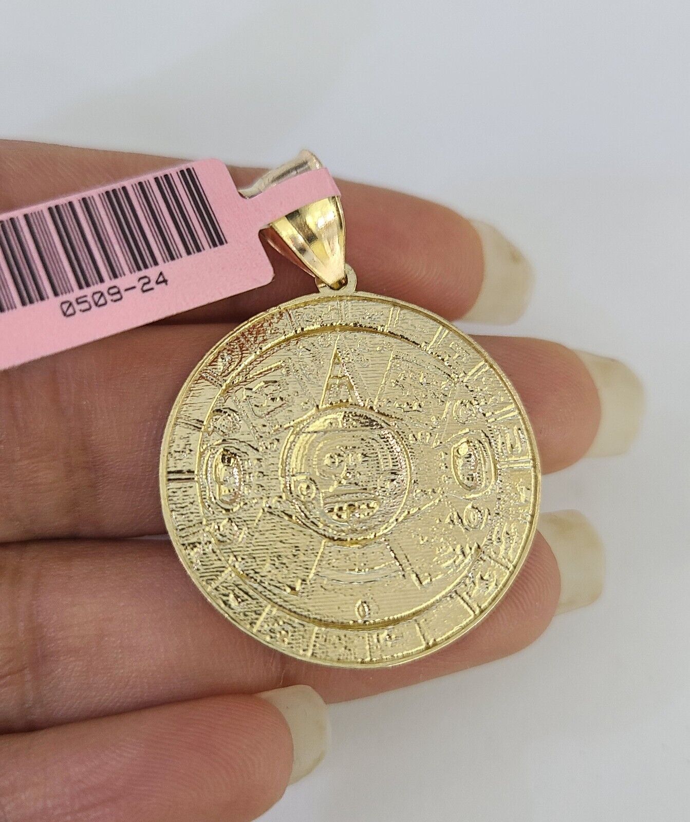 Real 14k Gold Chain Mayan Calendar Set 14kt Miami Cuban Link Chain 5mm Charm