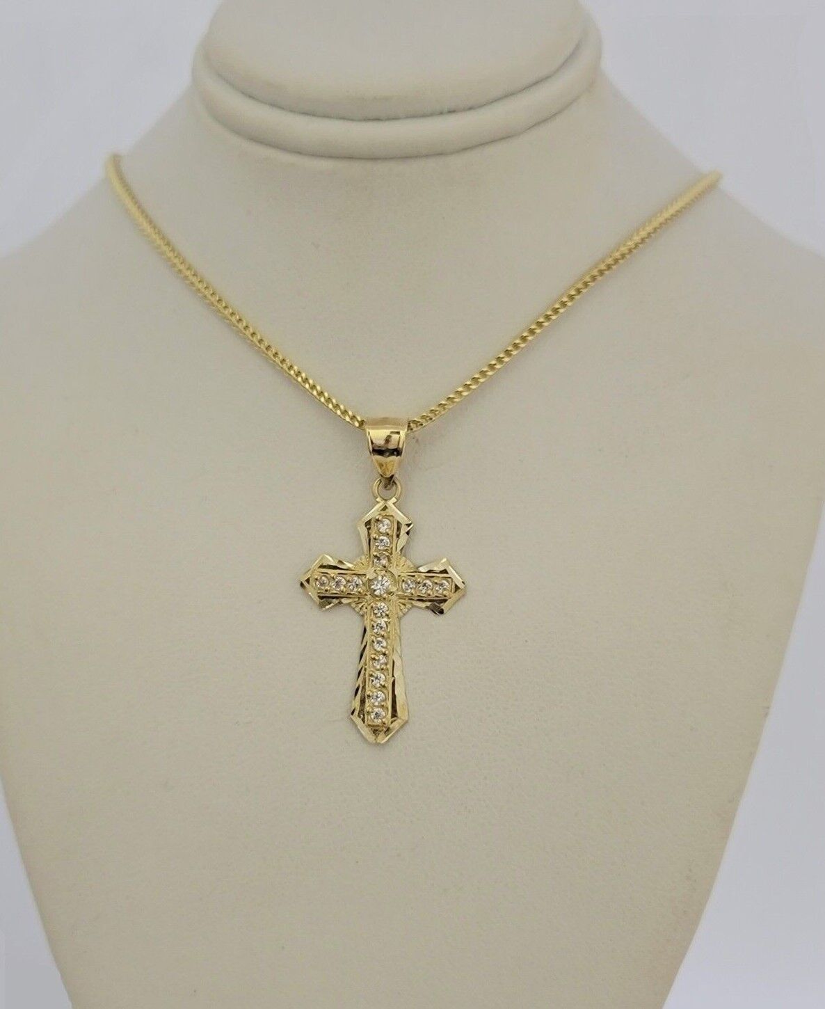 10k Yellow Gold Franco Chain Jesus Cross Charm Pendant 2mm 16-24 Inches Necklace