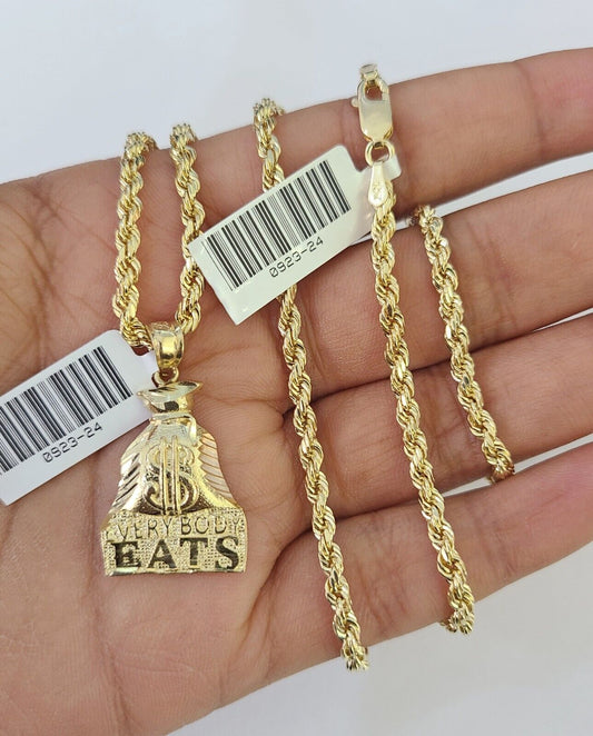 10kt Yellow Gold Rope Chain Everybody Eats Charm Pendant 18-28 Inch Necklace 3mm