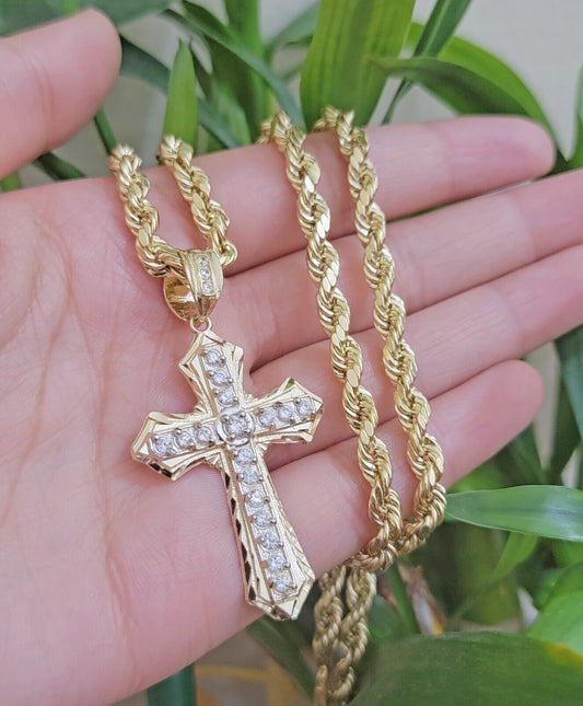 14k Gold Rope Chain Necklace Cross Charm Pendant Set 18-28" inch 5mm, REAL 14kt