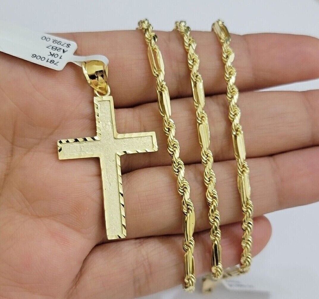 10k Gold Milano Rope Chain Plain Cross Charm Pendant Set 18-24'' Inches Necklace