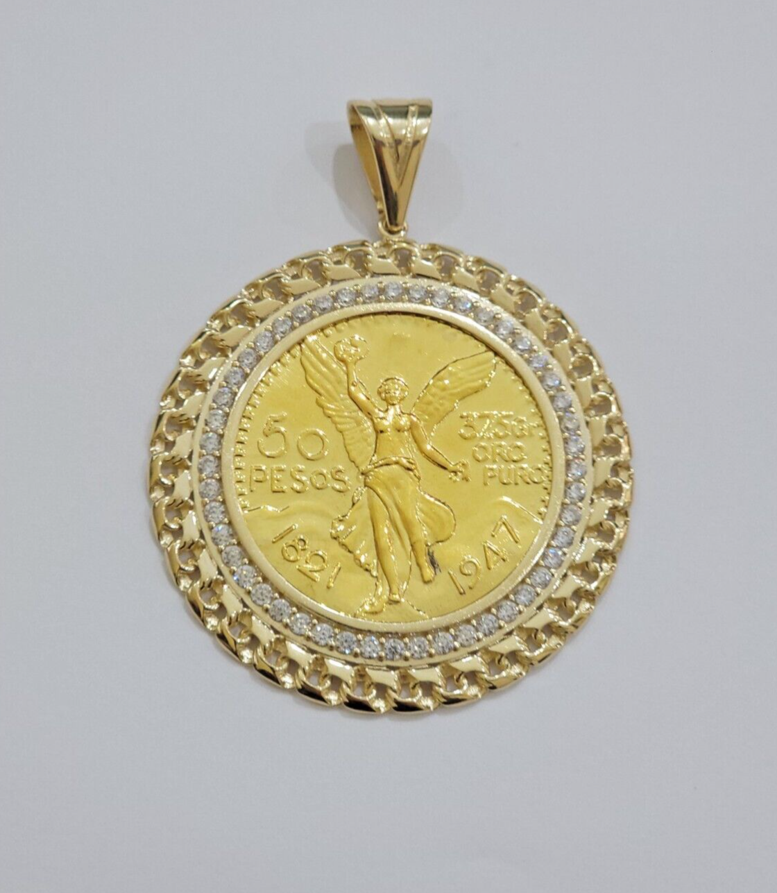 1947 Mexican Centenario Coin Charm Pendant Replica 50 pesos With Bezel 10kt Gold
