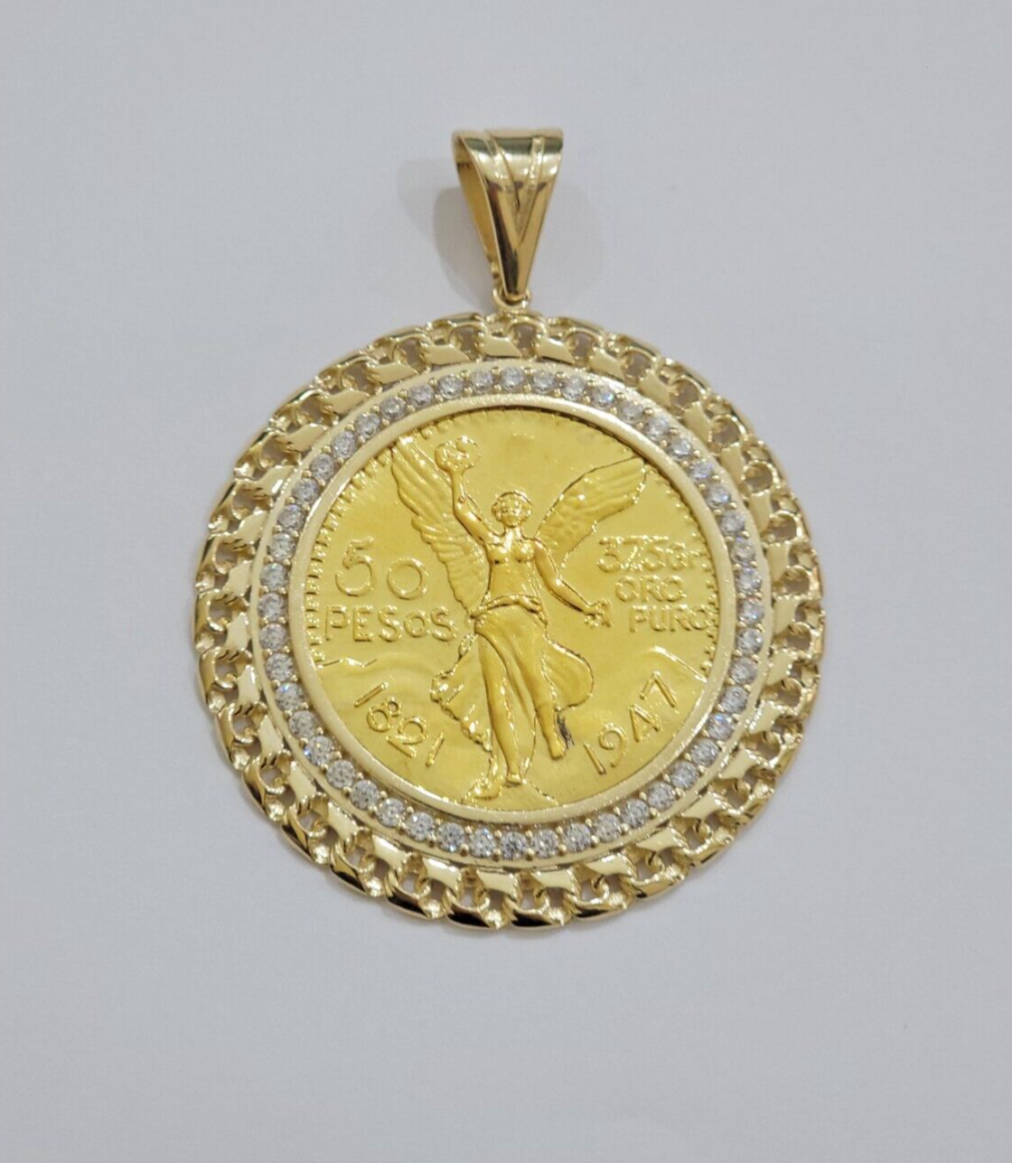 1947 Mexican Centenario Coin Charm Pendant Replica 50 Pesos With Bezel 10kt Gold