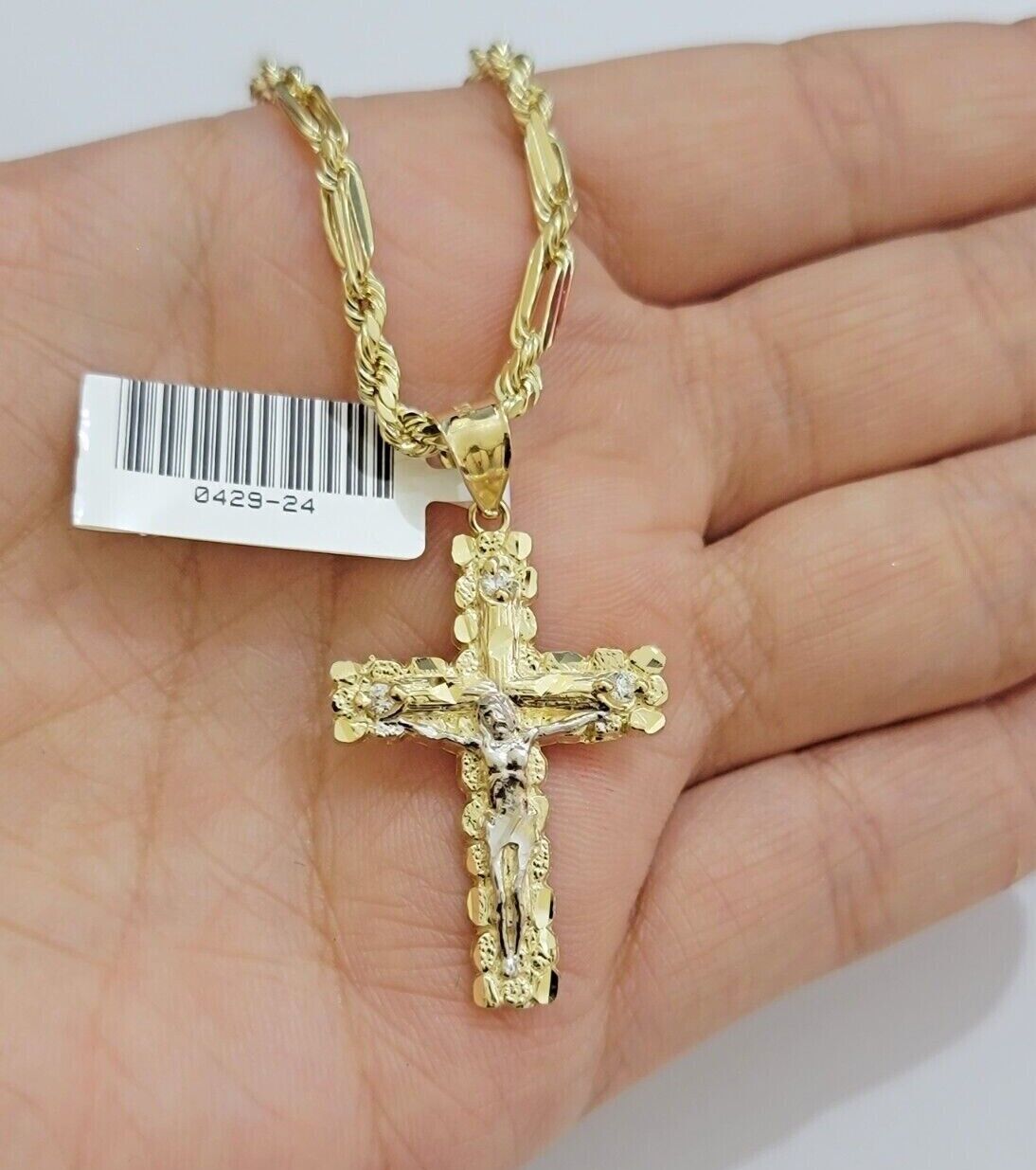 10kt Gold Milano Rope Chain Cross Charm Pendant Set 18-24 Inch 3mm Necklace REAL